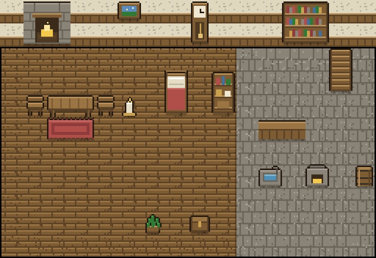 大容量 町・建物のドット絵素材 1650点以上(見下ろし2D/屋根1200枚・家具130種)