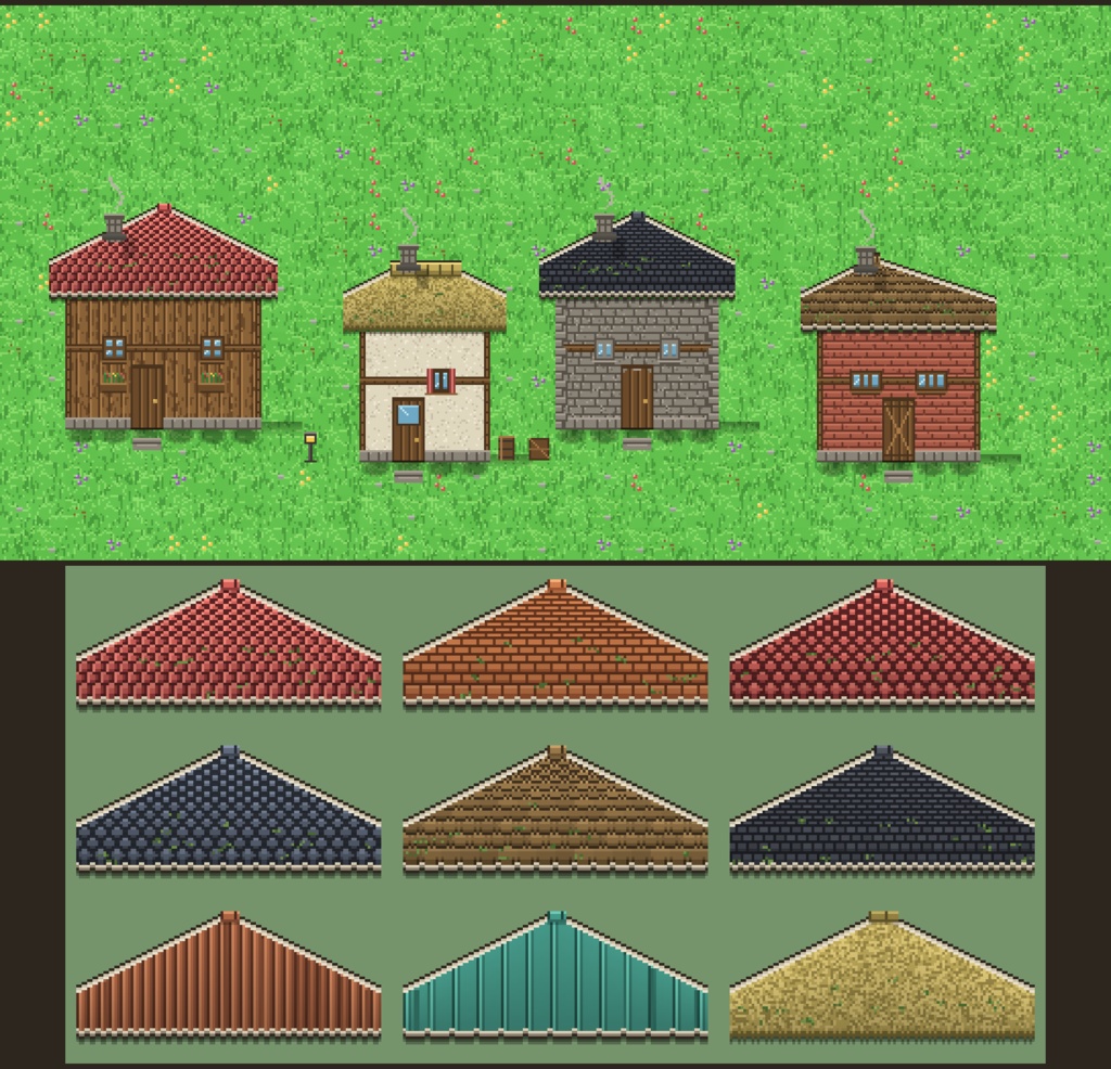 大容量 町・建物のドット絵素材 1650点以上（見下ろし2D／屋根1200枚・家具130種）
