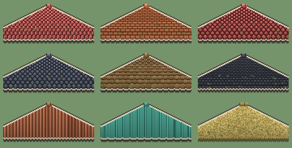 大容量 町・建物のドット絵素材 1650点以上(見下ろし2D/屋根1200枚・家具130種)