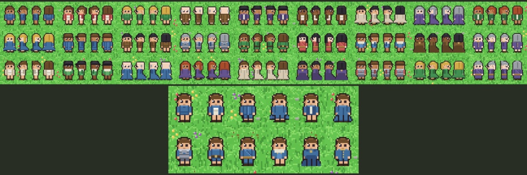 大容量 キャラクター素材 4000枚以上(見下ろし2D/16x24・4方向歩行・体/衣装/髪の重ね着)