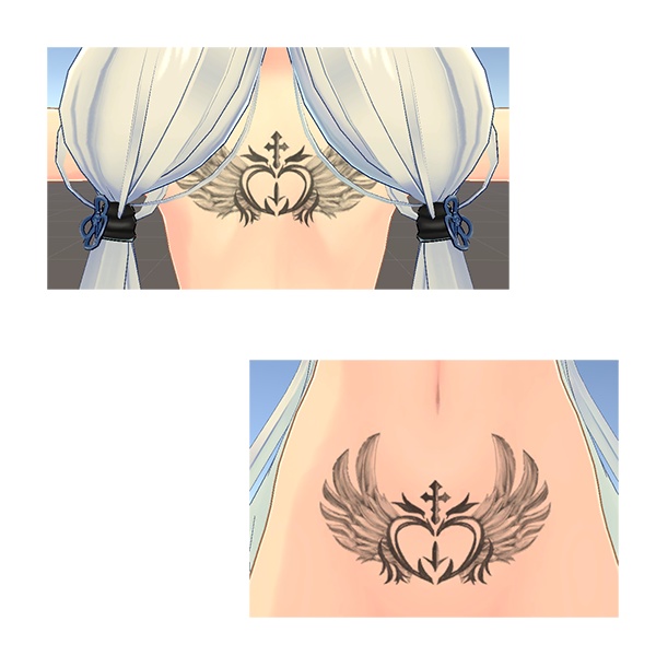 羽根とハートトライバル風タトゥー