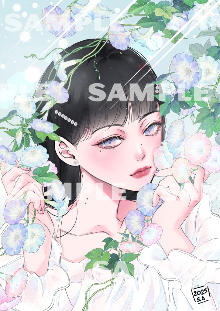 朝顔のそばの少女