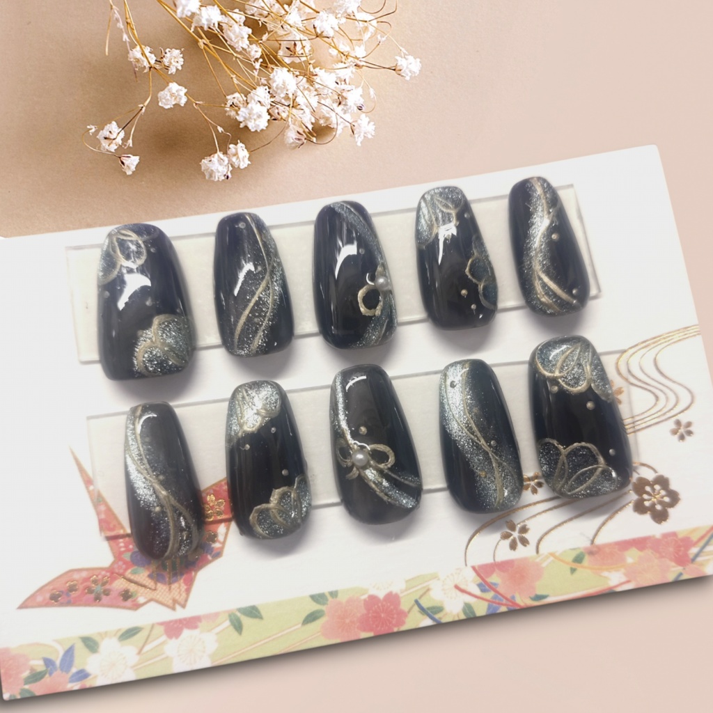 ネイルチップ 和柄ブラック・マグネットネイル