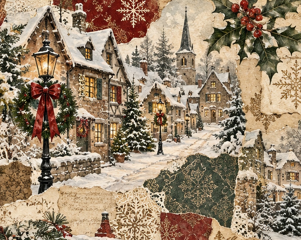 ヴィンテージクリスマス デジタルペーパー|8柄・PNG16枚|A4&正方形|コラージュ・ジャンクジャーナル素材