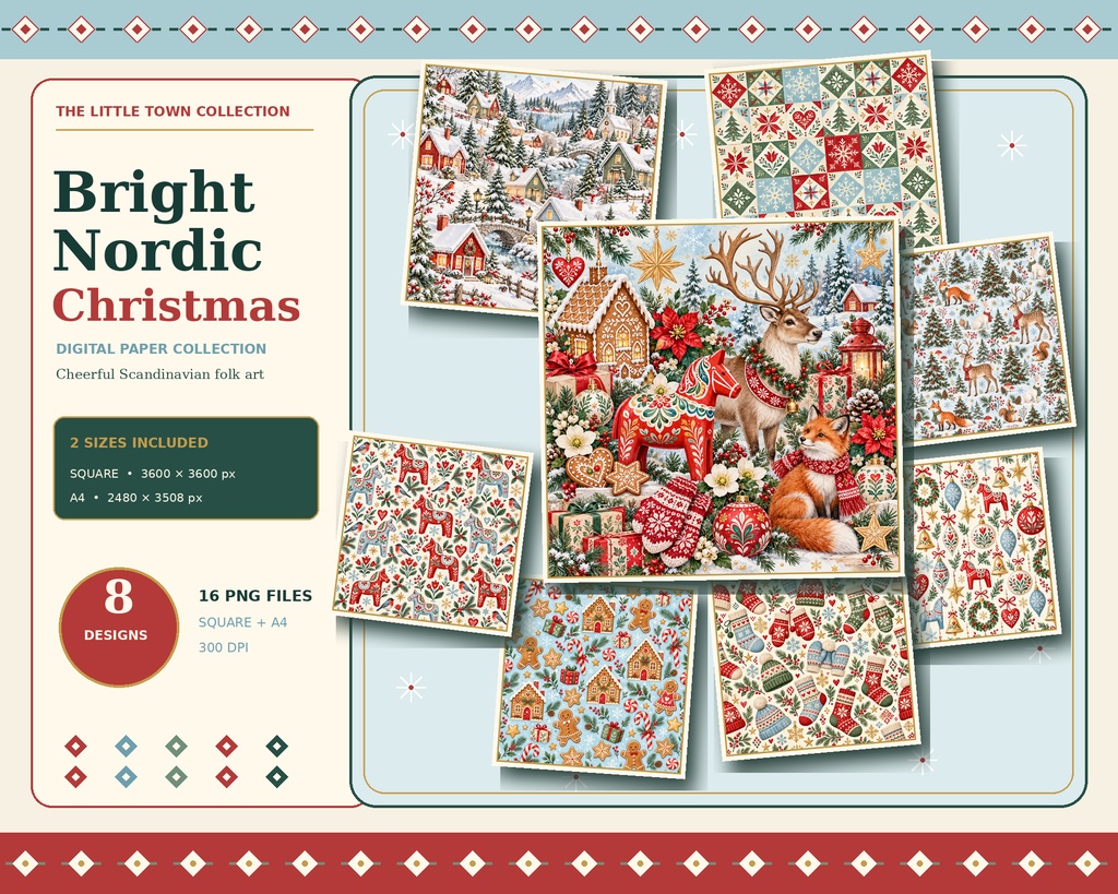 北欧クリスマス デジタルペーパー8柄|正方形・A4/PNG16枚