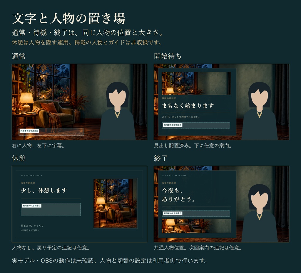 【無料】雨夜の朗読室|朗読・雑談用の配信4画面|AI生成