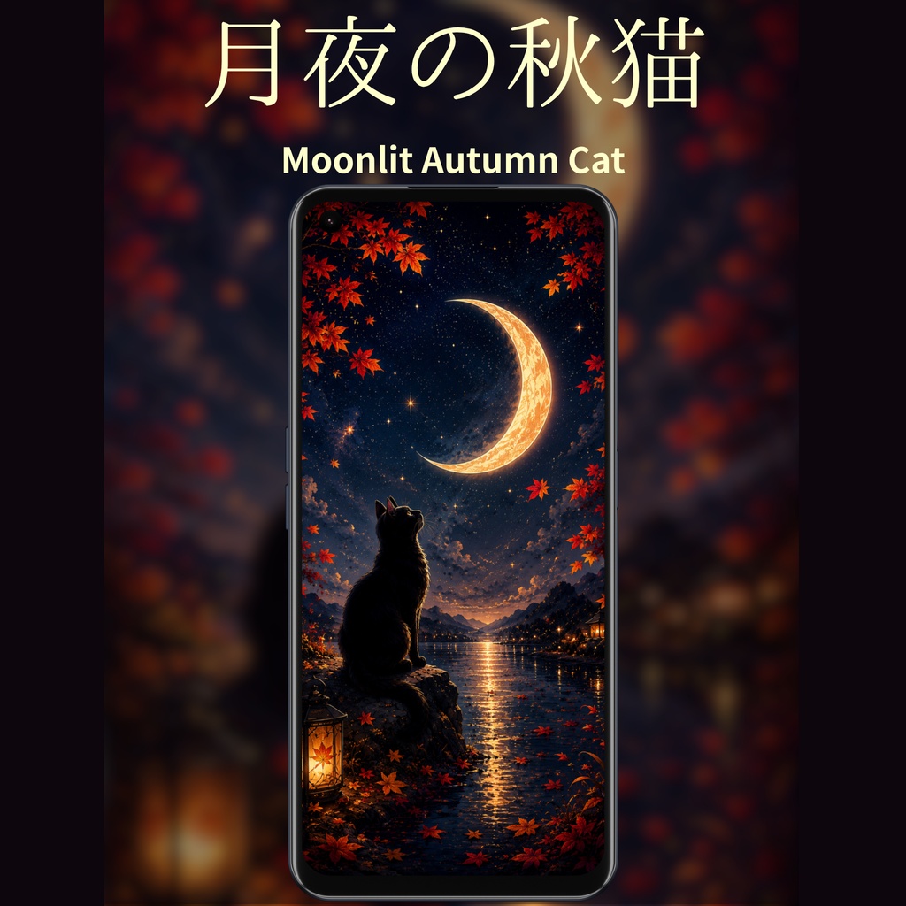 月夜の秋猫｜Moonlit Autumn Cat｜幻想的な秋のスマホ壁紙