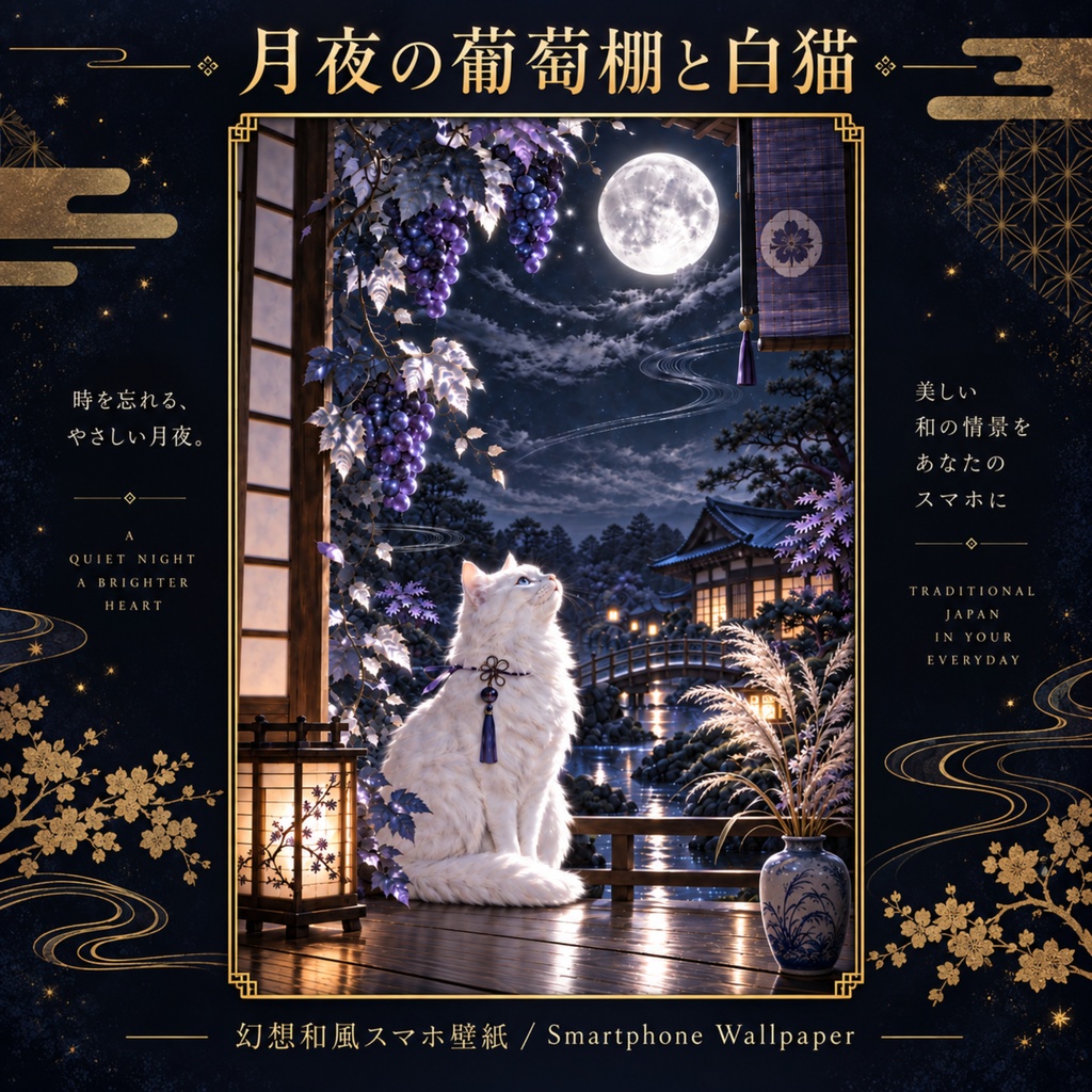 月夜の葡萄棚と白猫｜幻想和風スマホ壁紙