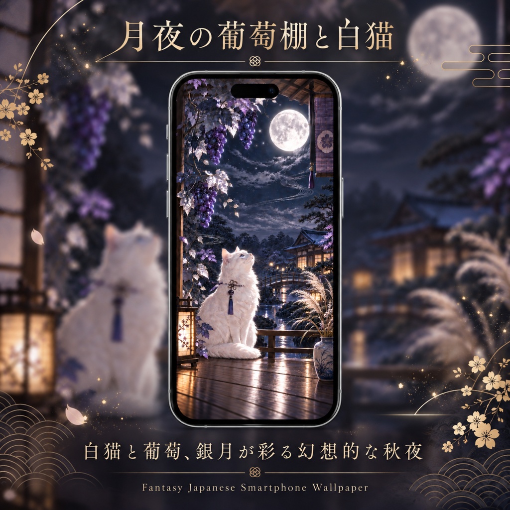 月夜の葡萄棚と白猫|幻想和風スマホ壁紙