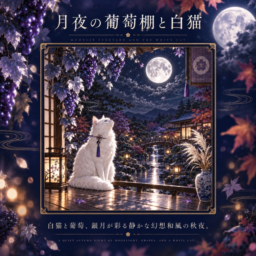 月夜の葡萄棚と白猫｜幻想和風デジタルペーパー