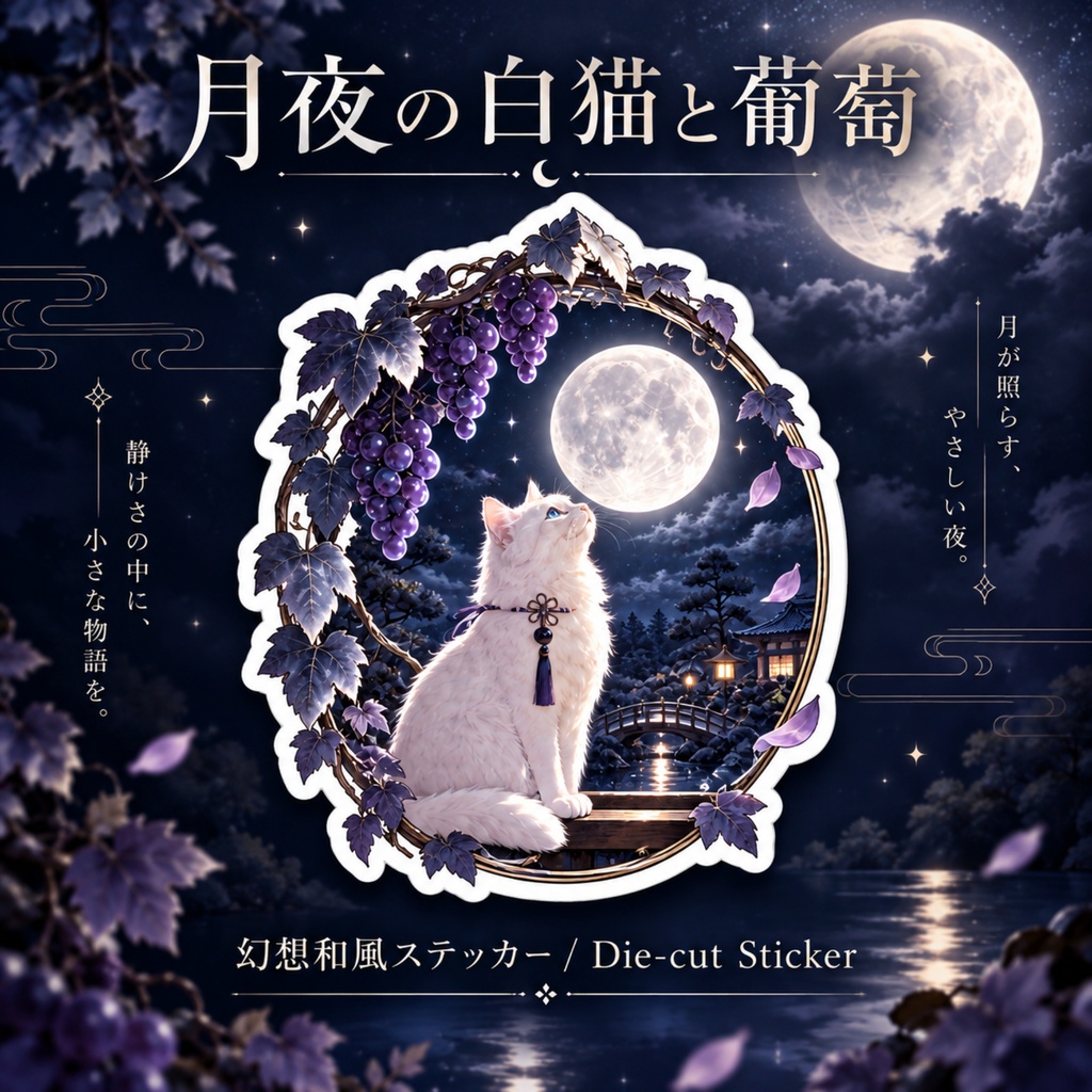 月夜の白猫と葡萄｜幻想和風ステッカー