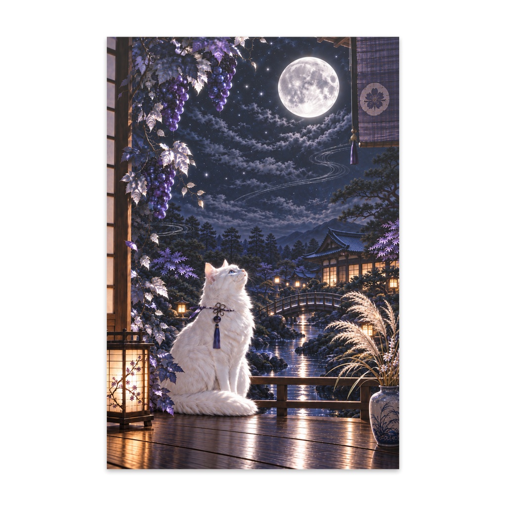 月夜の白猫と葡萄|幻想和風ポストカード 10枚セット