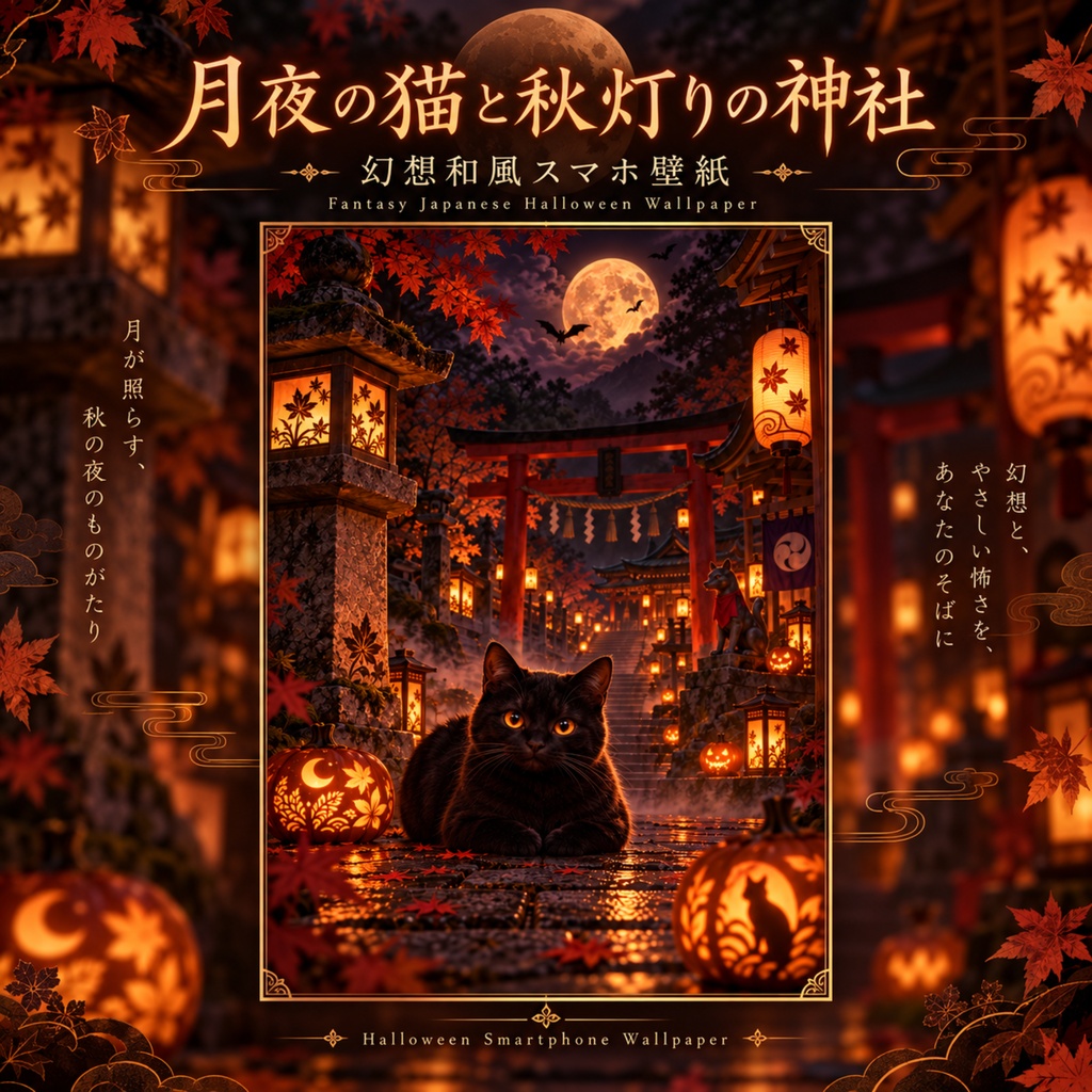 月夜の黒猫と秋灯りの神社｜幻想和風ハロウィンスマホ壁紙