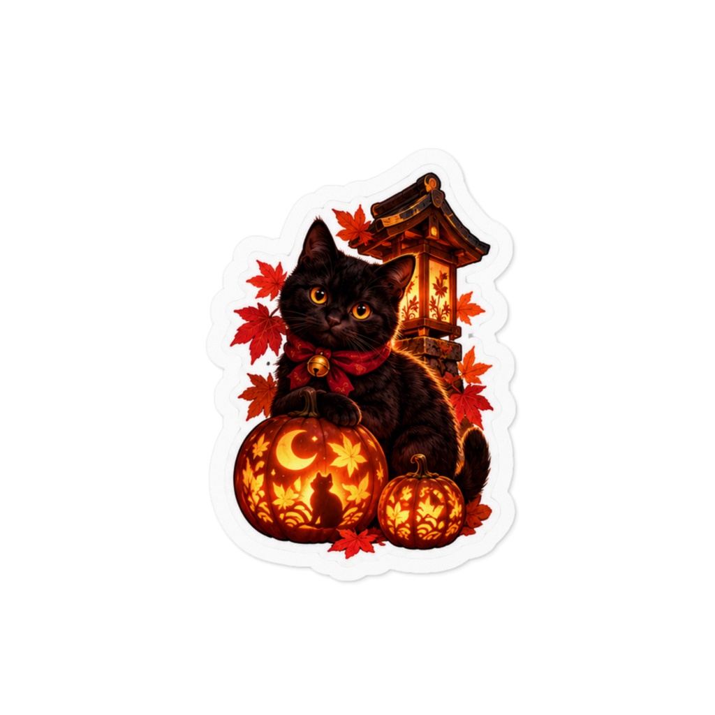月夜の黒猫と南瓜提灯|幻想和風ハロウィンステッカー