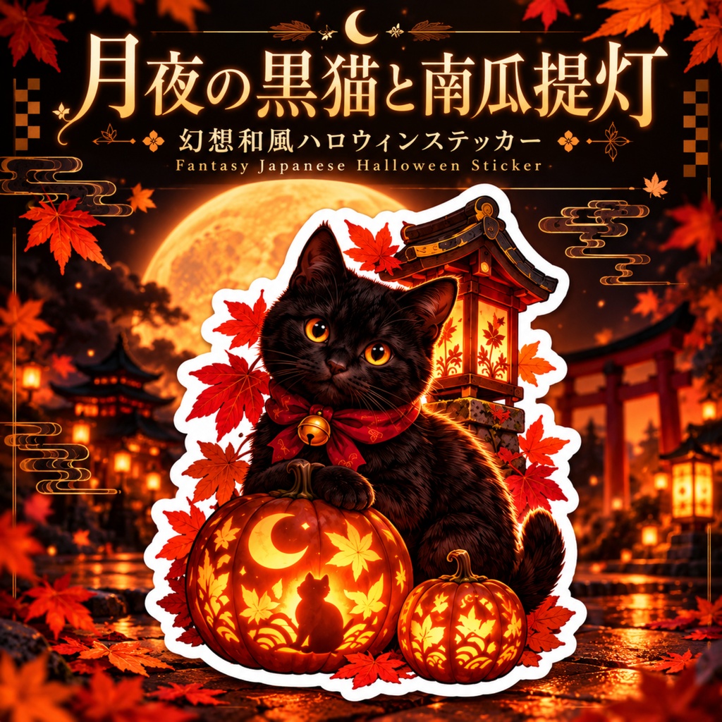 月夜の黒猫と南瓜提灯｜幻想和風ハロウィンステッカー
