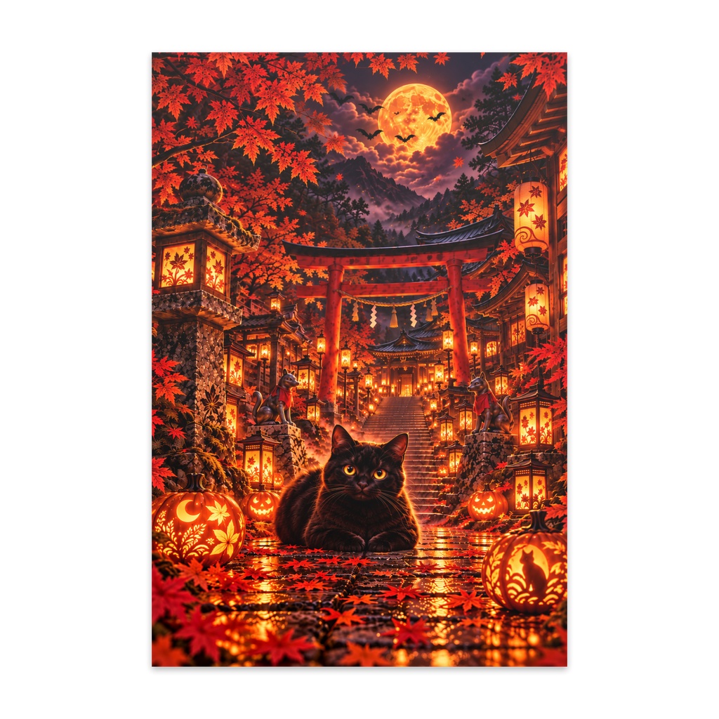 月夜の黒猫と秋灯りの神社|幻想和風ハロウィンポストカード 10枚セット