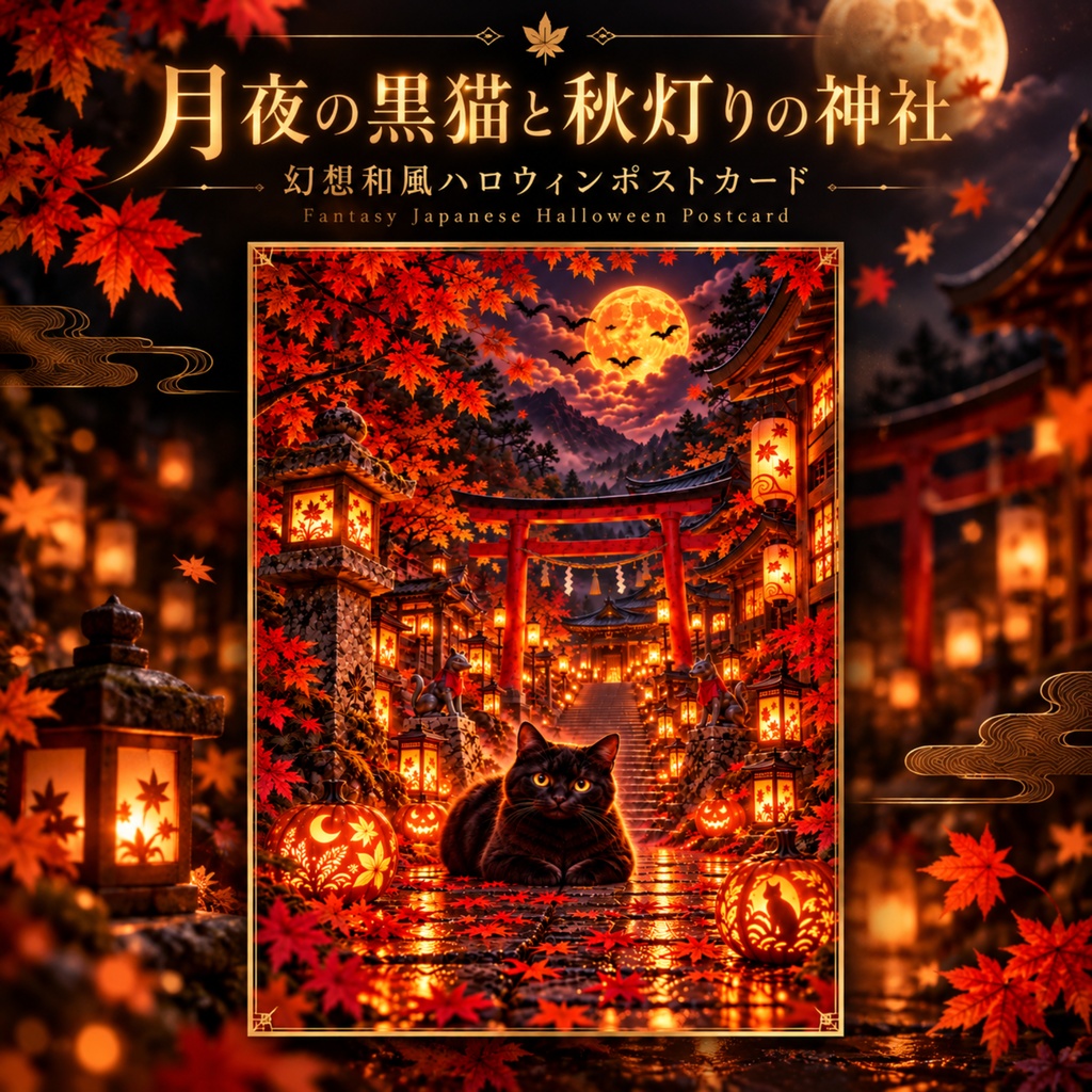 月夜の黒猫と秋灯りの神社｜幻想和風ハロウィンポストカード 10枚セット