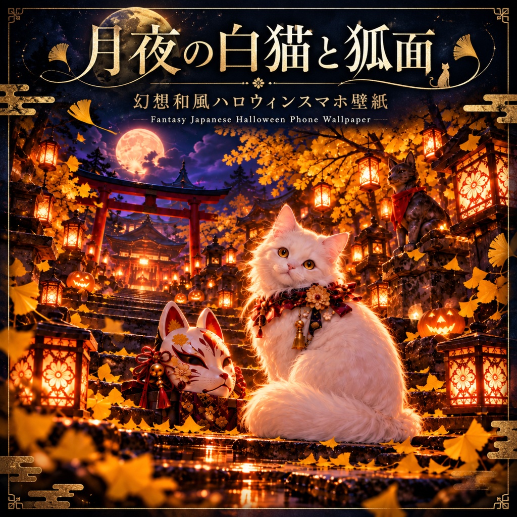 月夜の白猫と狐面|幻想和風ハロウィンスマホ壁紙