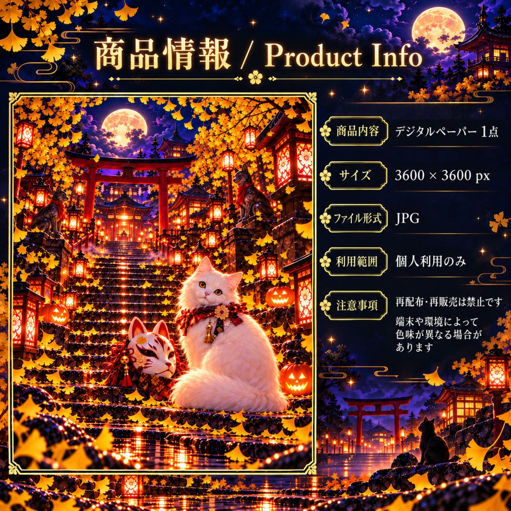 月夜の白猫と狐面|銀杏彩る幻想和風ハロウィンデジタルペーパー