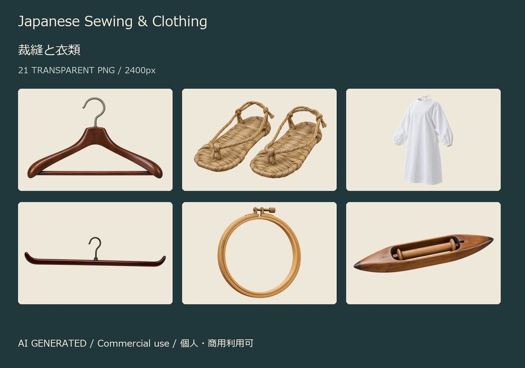 Japanese Sewing & Clothing | 21 Transparent PNG | 裁縫と衣類【AI生成】