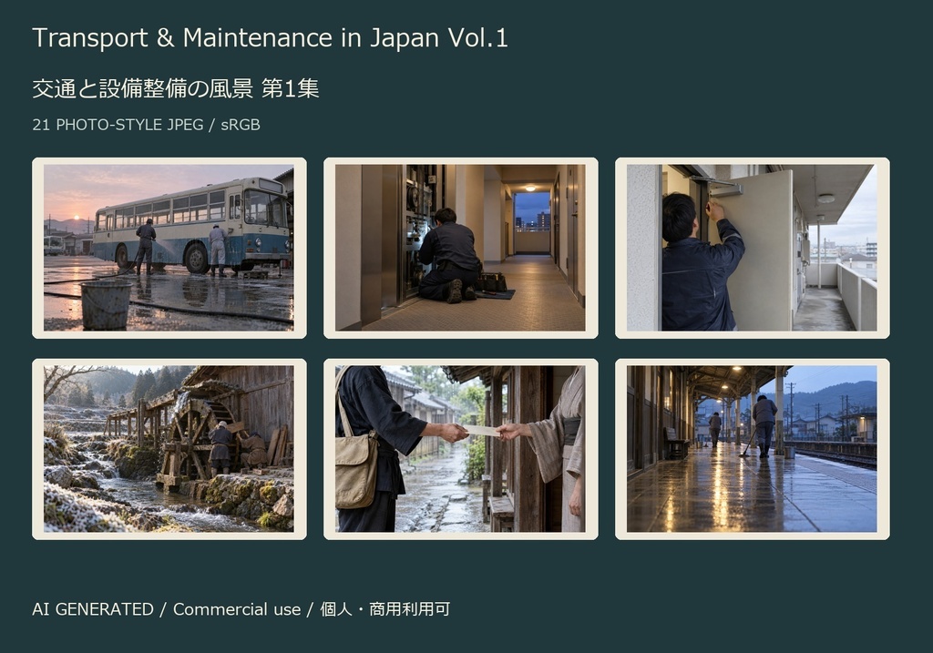Transport & Maintenance in Japan Vol.1 | 21 Photo-Style JPEG | 交通と設備整備の風景 第1集【AI生成】