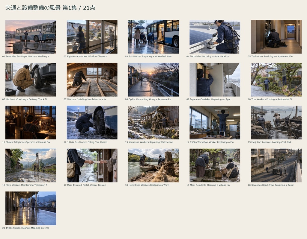 Transport & Maintenance in Japan Vol.1 | 21 Photo-Style JPEG | 交通と設備整備の風景 第1集【AI生成】