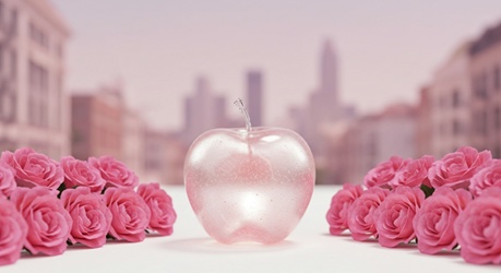 「ファンタジーアートポスター｜ピンクのバラとクリスタルアップル｜癒しのインテリア」