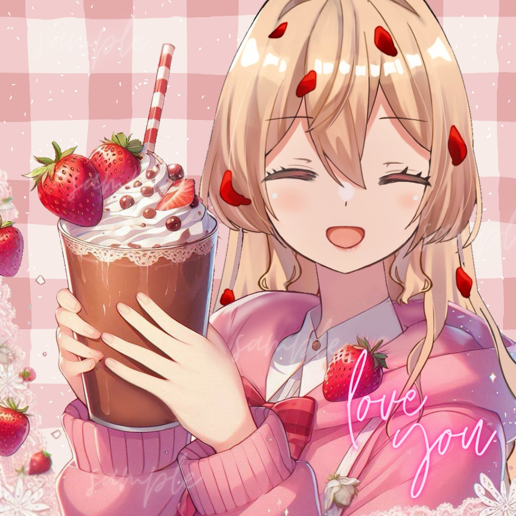 【カフェ素材】苺のココアを持つ女の子 / strawberry cocoa〈透過png〉全3種 ※無料