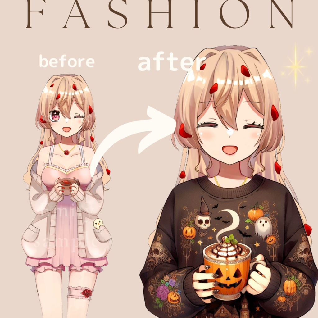 【カフェ素材】ハロウィンのココアを持つ手/ Halloween cocoa〈全4種〉 ※透過PNG
