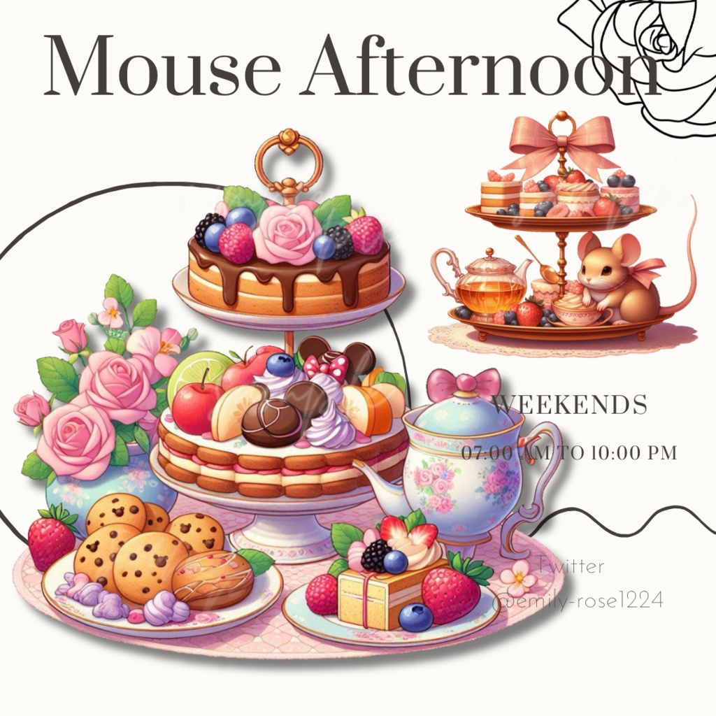 【カフェ素材】ネズミのアフタヌーンティー/ mouse tea set ※透過PNG