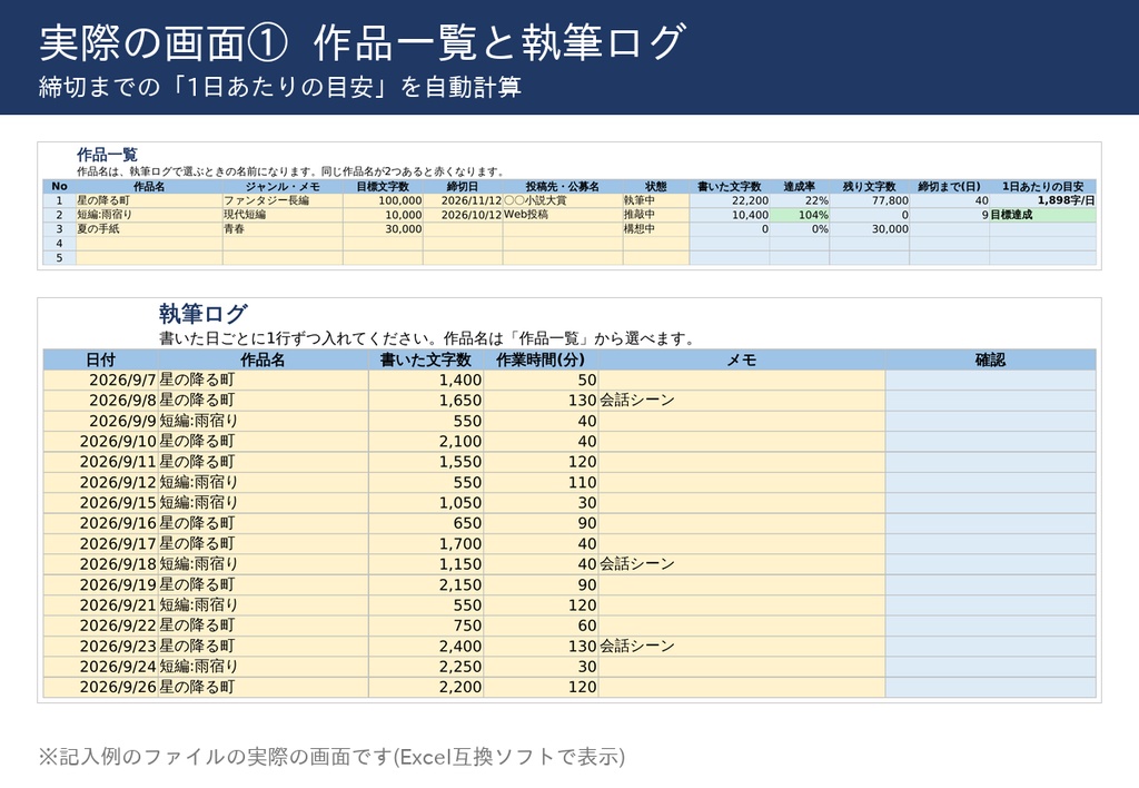 小説書きのための 執筆ログ(Excel/Googleスプレッドシート)