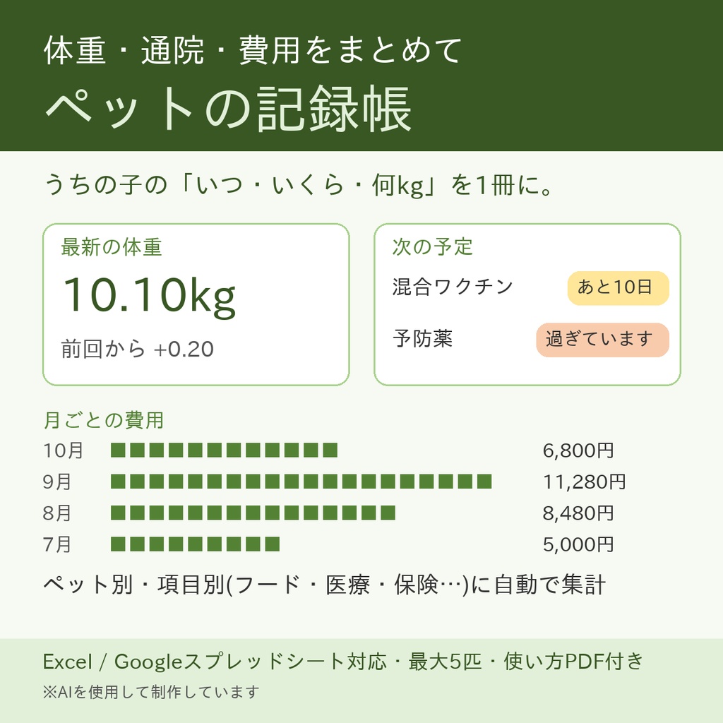 ペットの記録帳 体重・通院・費用(Excel/Googleスプレッドシート)
