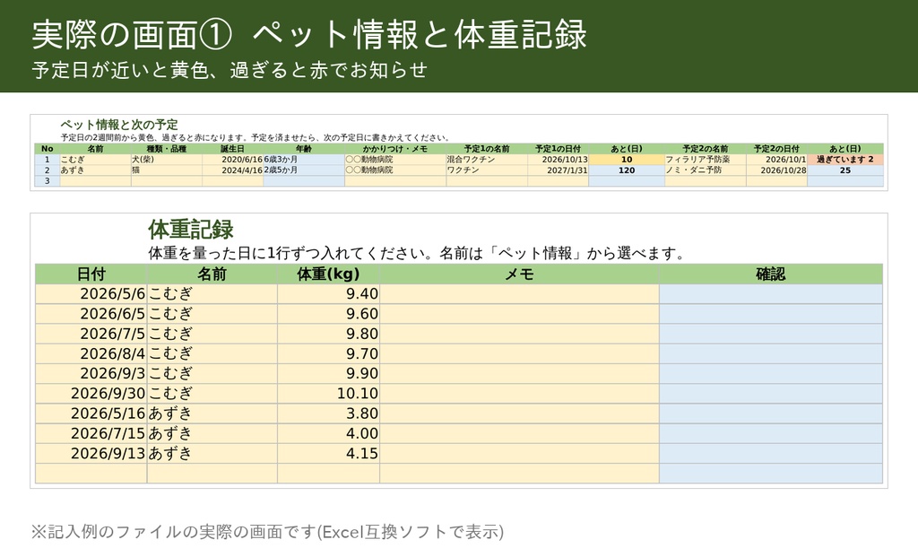 ペットの記録帳 体重・通院・費用(Excel/Googleスプレッドシート)