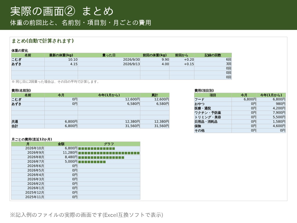 ペットの記録帳 体重・通院・費用(Excel/Googleスプレッドシート)
