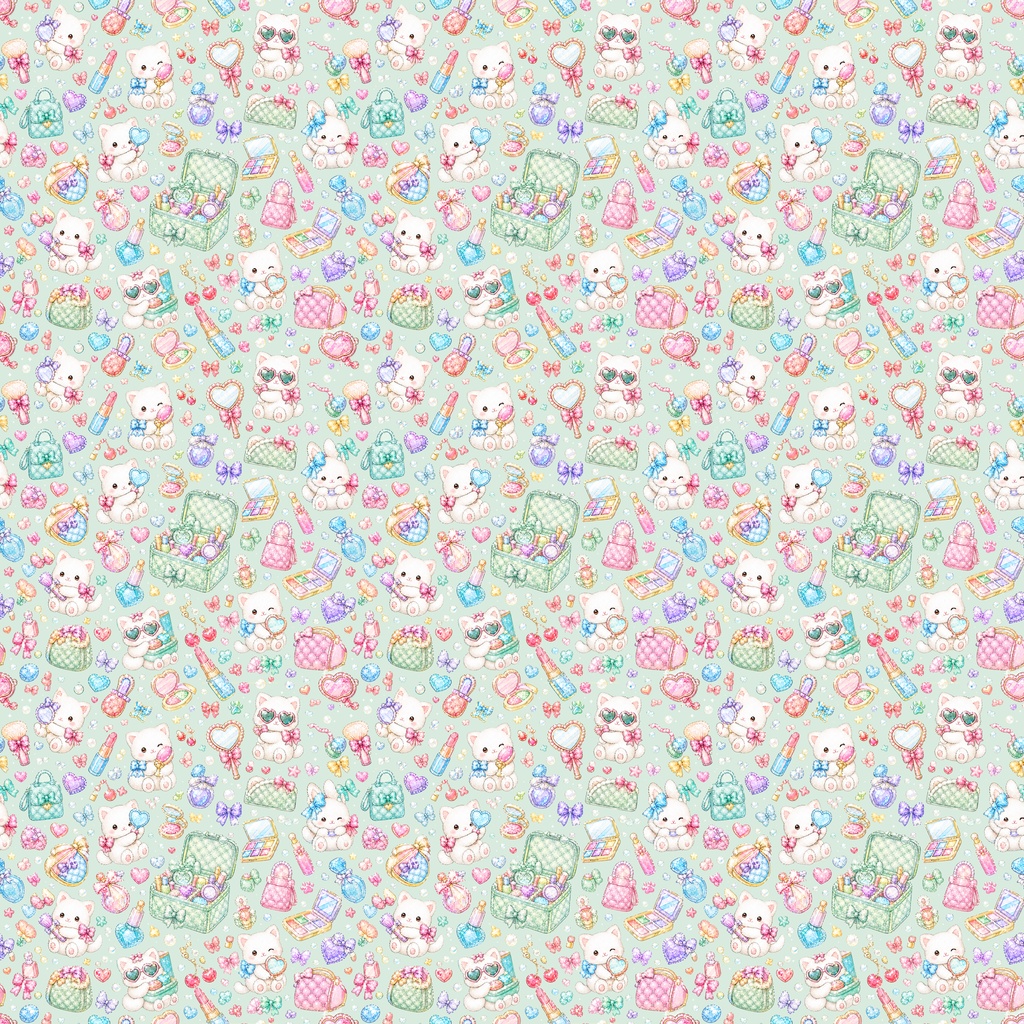 【Kawaii Sweet Collection 01】パステルカラーのキラキラメイクと小さな仲間たち|シームレスデジタルペーパー 3柄・3色