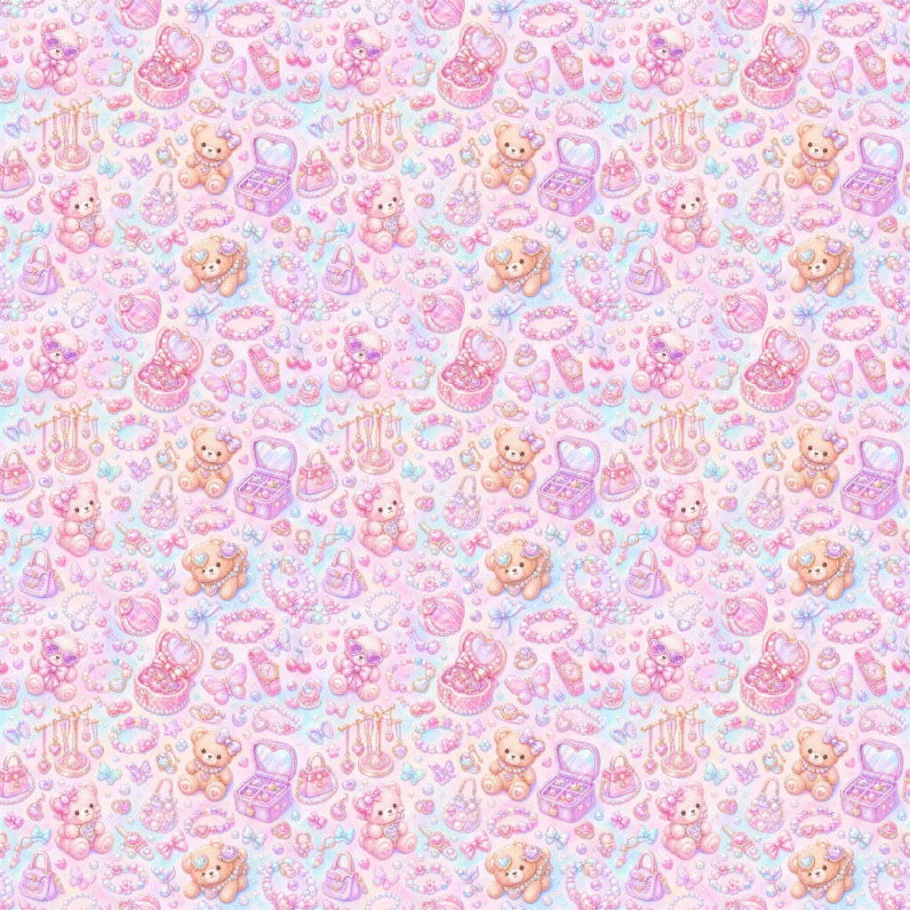 【Kawaii Sweet Collection 01】パステルカラーのキラキラメイクと小さな仲間たち|シームレスデジタルペーパー 3柄・3色