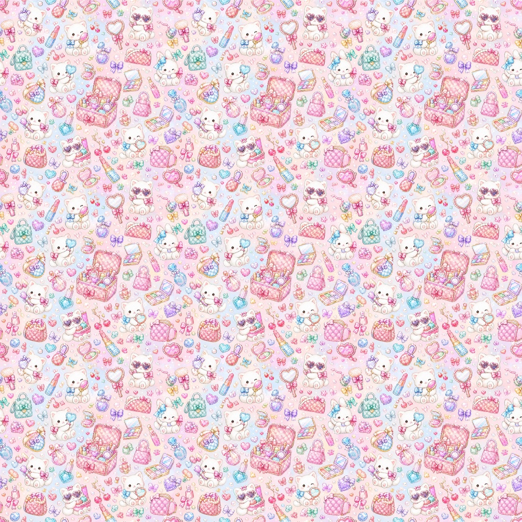 【Kawaii Sweet Collection 01】パステルカラーのキラキラメイクと小さな仲間たち|シームレスデジタルペーパー 3柄・3色