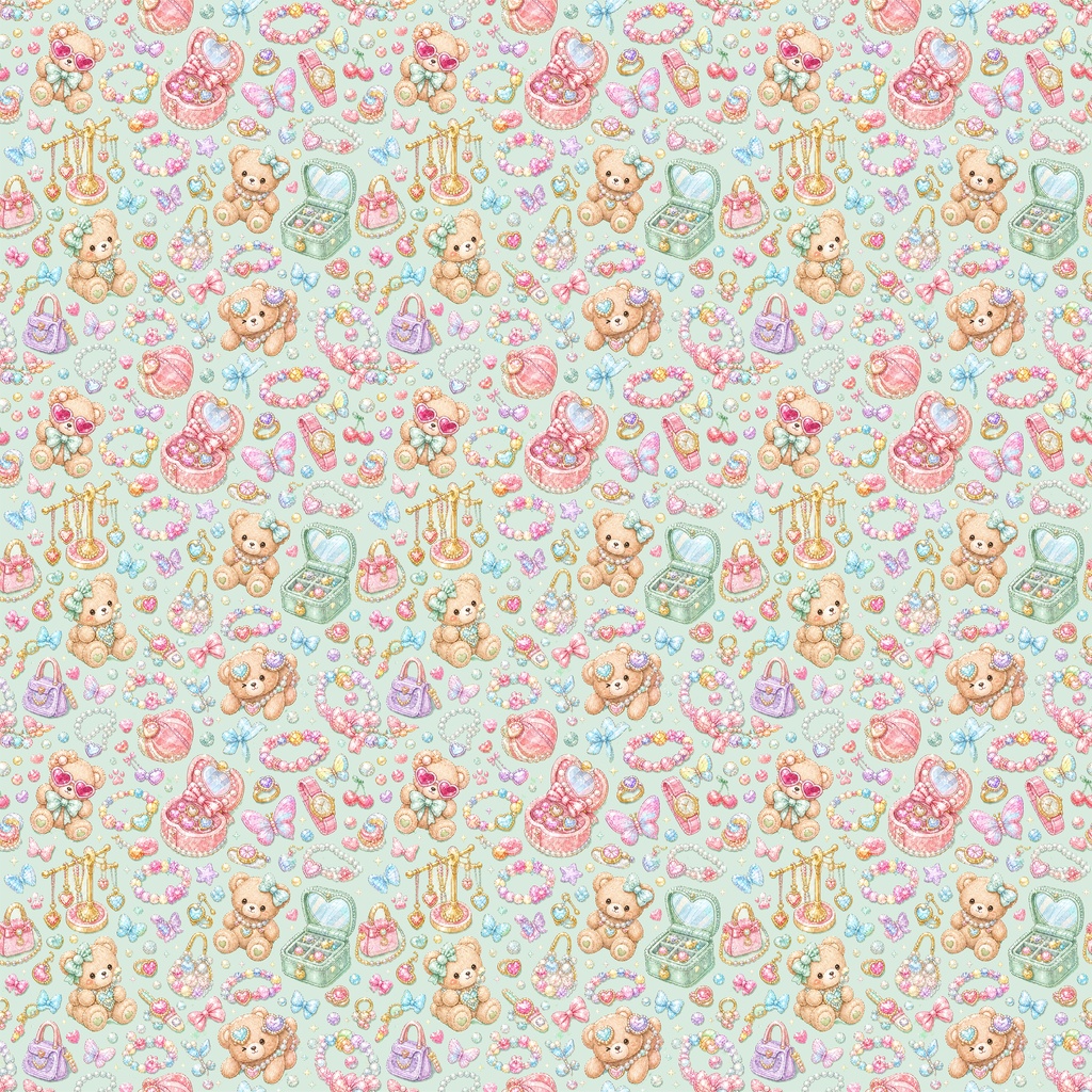 【Kawaii Sweet Collection 01】パステルカラーのキラキラメイクと小さな仲間たち|シームレスデジタルペーパー 3柄・3色