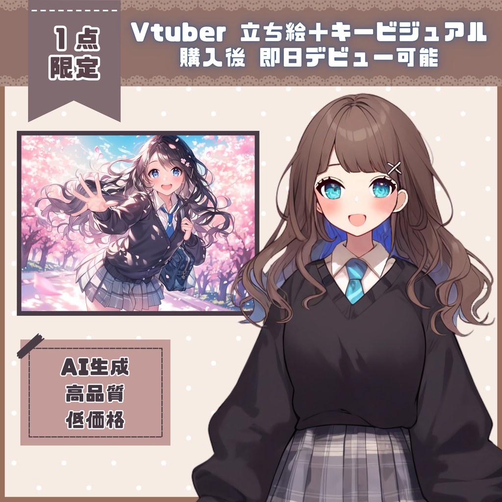 【Vtuber】1点限定!カジュアルに制服を着こなす女の子 立ち絵・キービジュアルセット