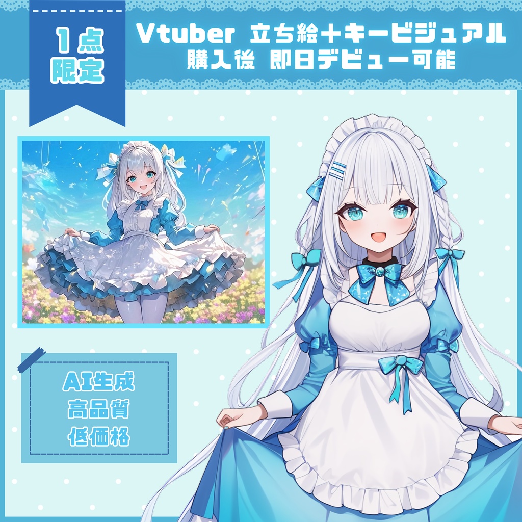 【Vtuber】1点限定!空色に染まるメイド服の女の子 立ち絵・キービジュアルセット