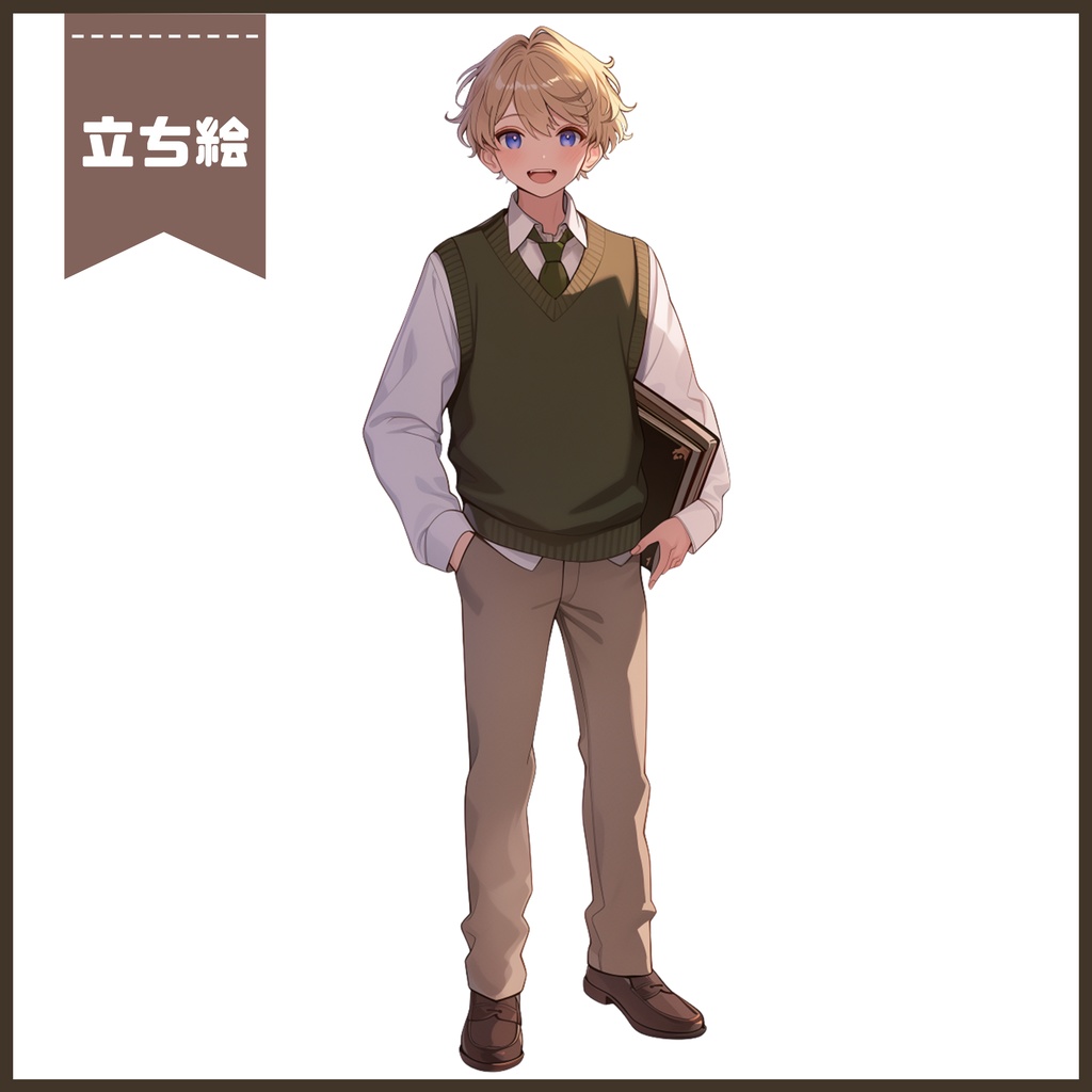 【Vtuber】1点限定!優しげな緑ベストの男の子 立ち絵・キービジュアルセット