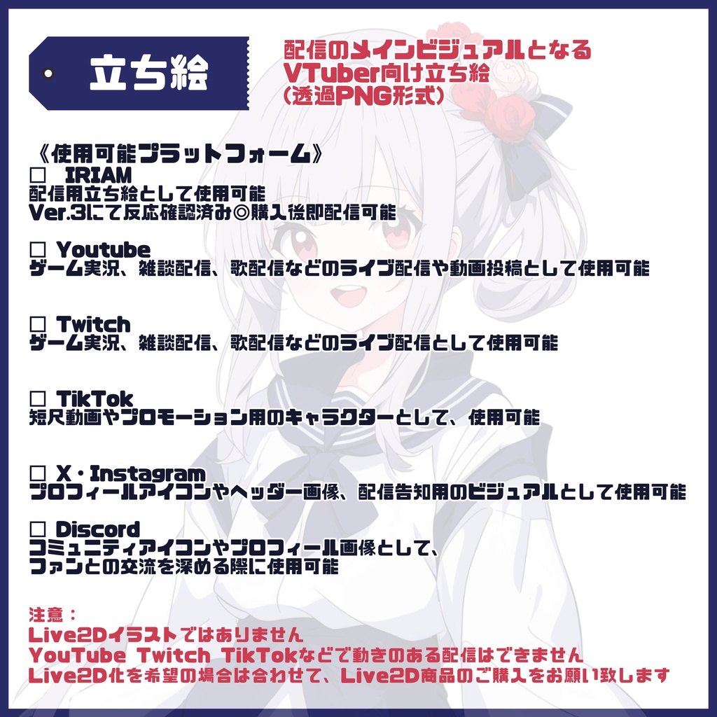 【Vtuber】1点限定!セーラー服お嬢様の女の子 立ち絵・キービジュアルセット