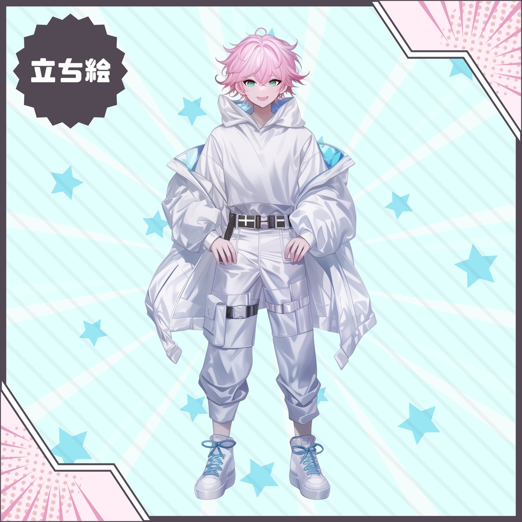 【Vtuber】1点限定!ピンク髪のパーカーの男の子 立ち絵・キービジュアルセット