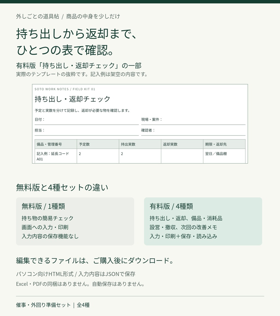 催事・外回り準備セット|編集・印刷できるチェックシート4種