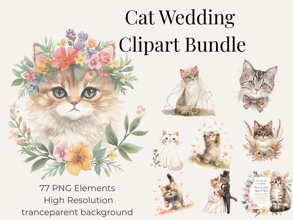 猫×ウェディング素材｜77点PNG透過｜フラワークリップアートセット