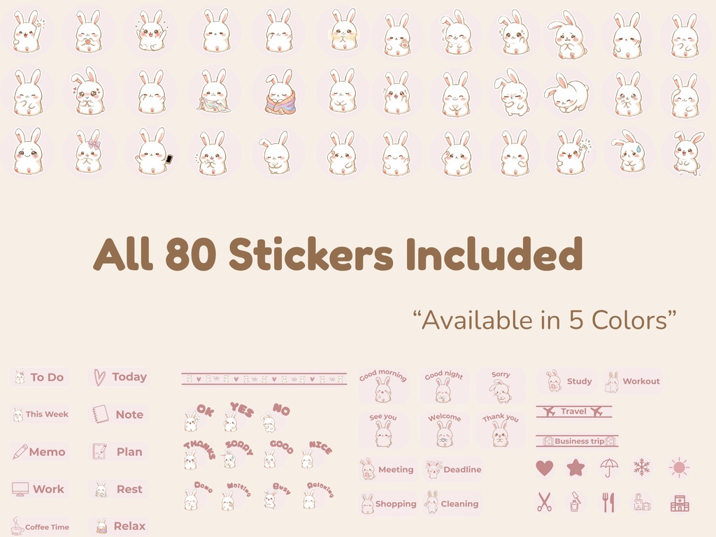 もちぴょん デジタルステッカー 80点セット|5色バンドル|手帳・iPad・GoodNotes対応|ゆるかわうさぎ