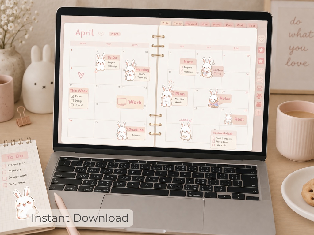 もちぴょん デジタルステッカー ピンク 80点|手帳・iPad・GoodNotes対応|ゆるかわうさぎ