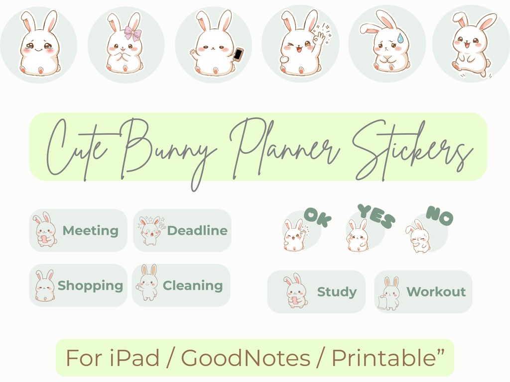もちぴょん デジタルステッカー セージ 80点｜手帳・iPad・GoodNotes対応｜ゆるかわうさぎ