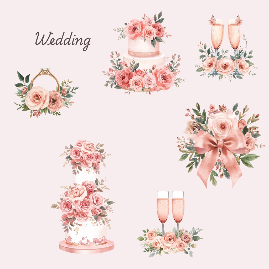 ピンクのウェディング素材125点|PNG透過|フラワークリップアート|結婚式・招待状・Canva対応
