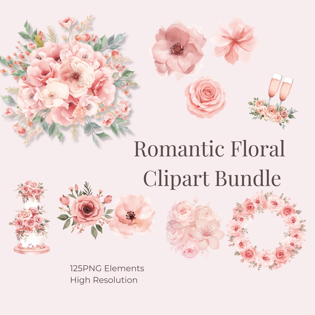 ピンクのウェディング素材125点｜PNG透過｜フラワークリップアート｜結婚式・招待状・Canva対応
